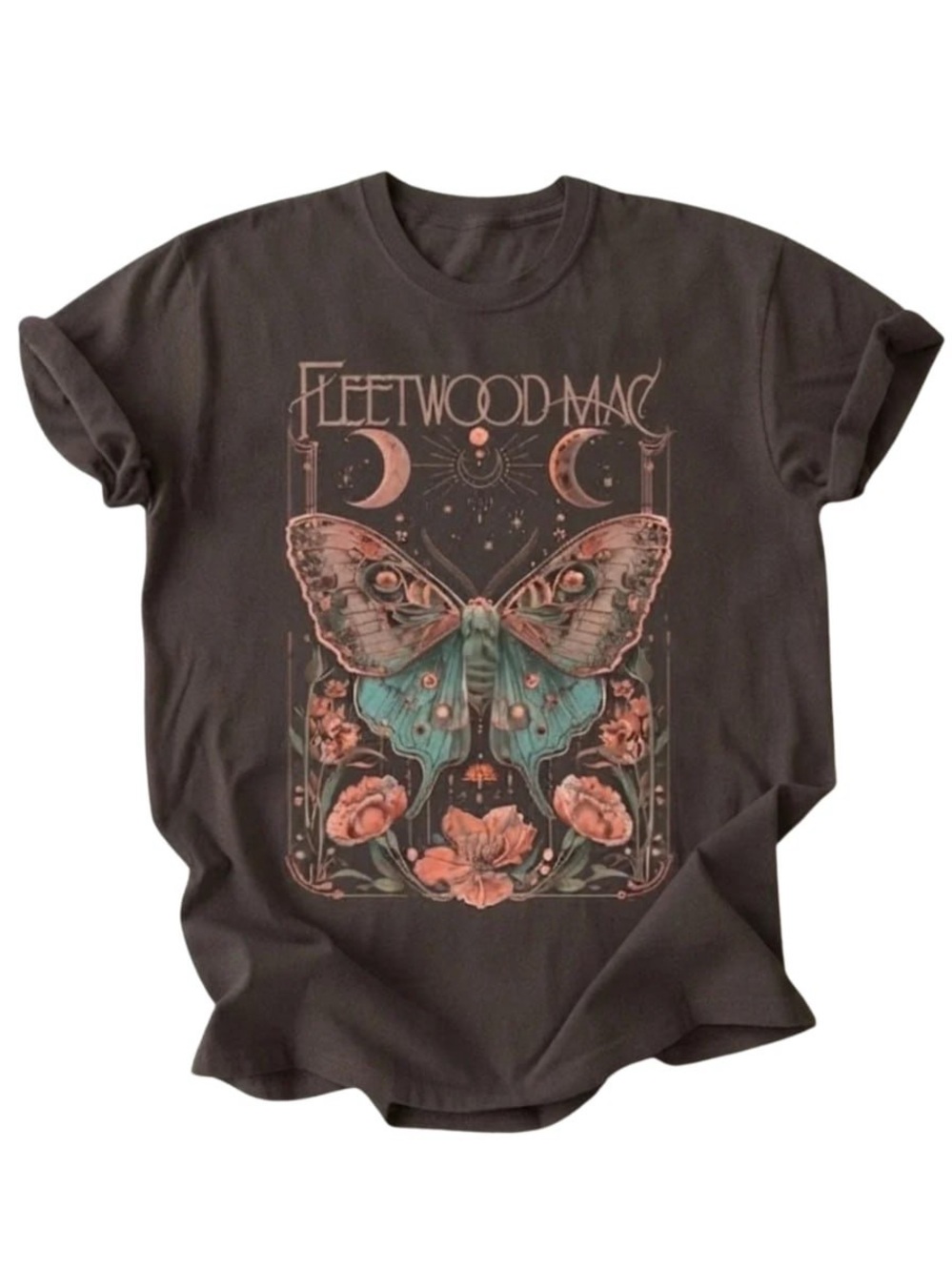 Brown Fleetwood Mac Tee with Teal & Coral Moth